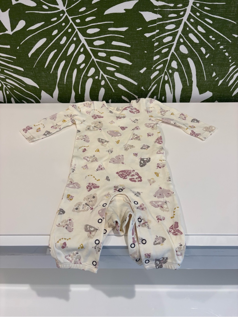 Cream Baby One-Piece Romper with Purple & Gray Mushroom Print